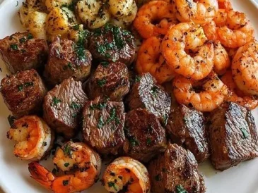 Garlic Butter Steak Bites and Shrimp