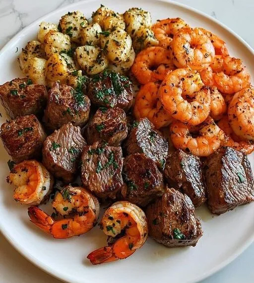 Garlic Butter Steak Bites and Shrimp